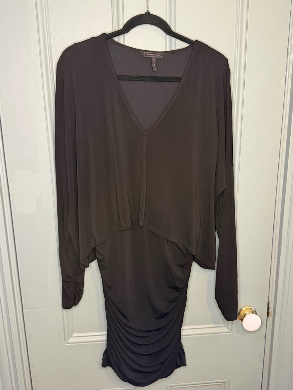 BCBGMaxAzria Black Long Sleeve Draped V-Neck Dress